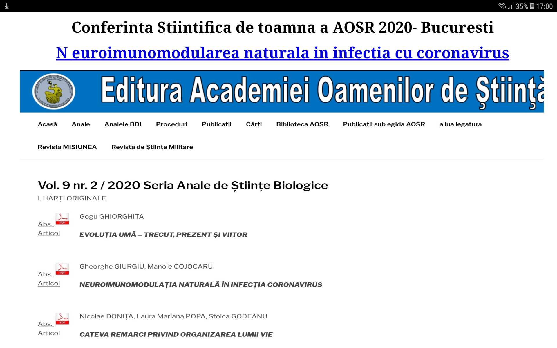 Conferinta Stintifica de toamna a AOSR 2020 Bucuresti