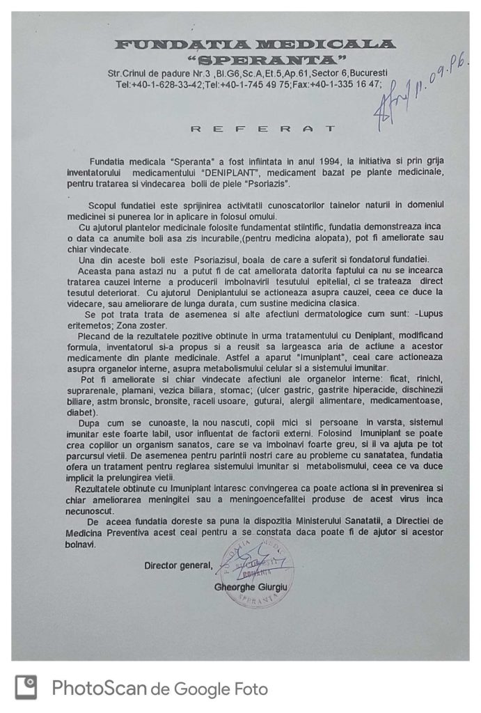 Fundatia medicala Speranta a inregistrat un raport de activitate la Ministerul Sanatatii